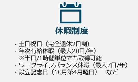 休暇制度。・土日祝日（完全週休2日制）・年次有給休暇（最大20日）※半日/1時間単位でも取得可能・ワークライフバランス休暇（最大7日/年）、設立記念日（10月第4月曜日）など