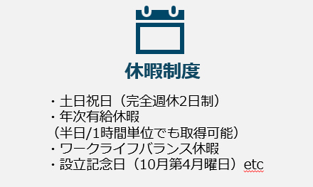 休暇制度。・土日祝日（完全週休2日制）・年次有給休暇（半日/1時間単位でも取得可能）・ワークライフバランス休暇、設立記念日（10月第4月曜日）etc