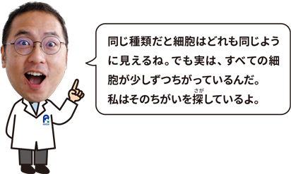 博士「同じ種類だと細胞はどれも同じように見えるね。でも実は、すべての細胞が少しずつちがっているんだ。私はそのちがいを探しているよ。」