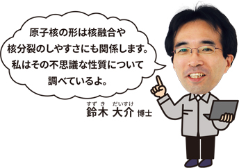 鈴木 大介 博士「原子核の形は核融合や核分裂のしやすさにも関係します。私はその不思議な性質について調べているよ。」