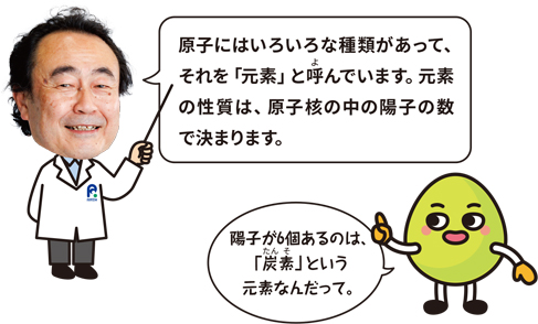 博士「原子にはいろいろな種類があって、それを「元素」と呼んでいます。元素の性質は、原子核の中の陽子の数で決まります。」キャラクター「陽子が6個あるのは、「炭素」という元素なんだって。」