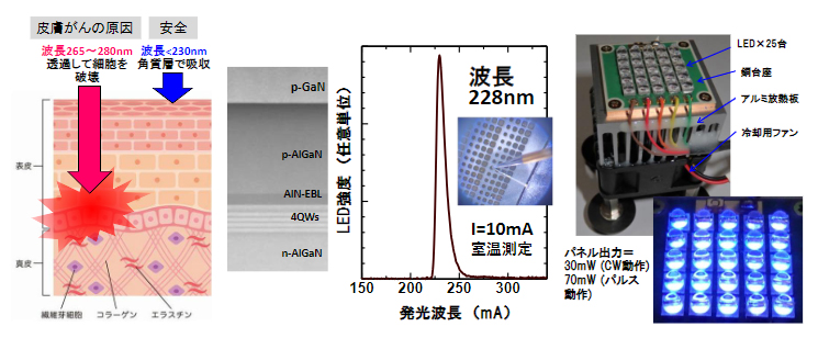 人に無害なウイルス不活化光源：228nm far-UVC LEDおよび高出力パネルの構造と動作の図