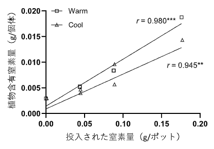 植物含有の窒素量と非硫黄紅色光合成細菌バイオマスとして投入された窒素量の相関の図