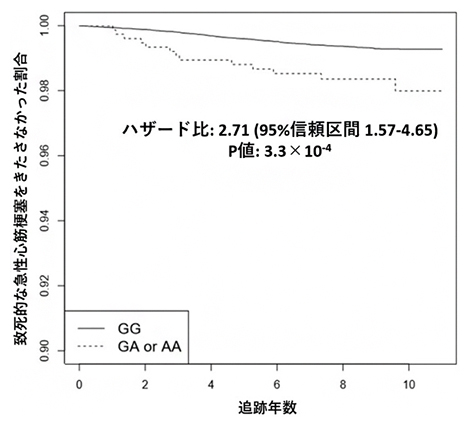 RNF213遺伝子上のミスセンス変異を有する集団の急性心筋梗塞による死亡率の図