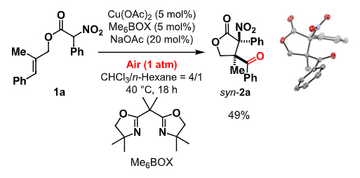 空気中の酸素を酸化剤として用いた反応条件の確立と生成物の構造決定の図