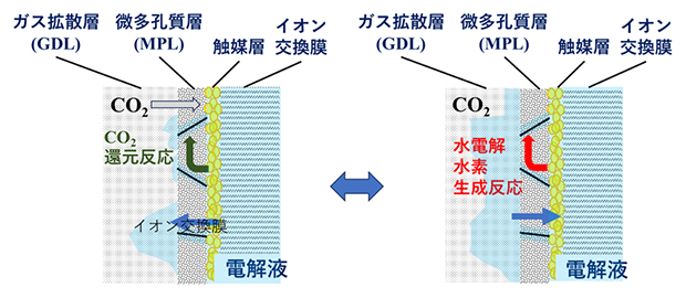 CO2還元と水電解水素生成反応の模式図の画像