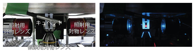 インキュベータ型光シート顕微鏡のサンプル付近の構成と、観察時の様子の図