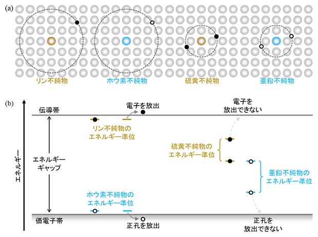 浅い不純物（リン、ホウ素）と深い不純物（硫黄、亜鉛）の図
