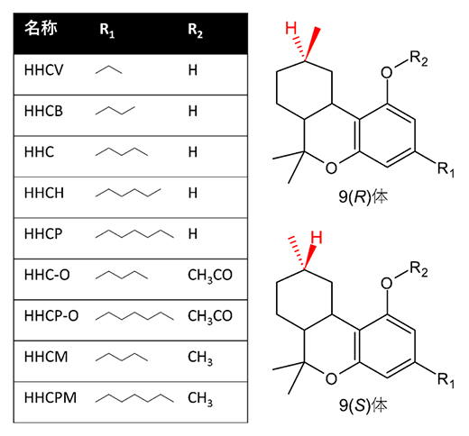 本研究で調査した18種類のHHCおよびその類縁体の構造の図