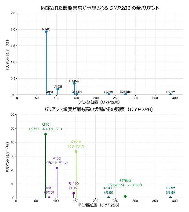 機能異常が予想されるバリアントとバリアント頻度が最も高い犬種とその頻度の図