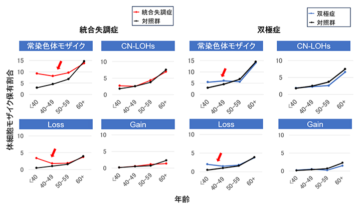 常染色体喪失モザイクの統合失調症・双極症における正の関連の図