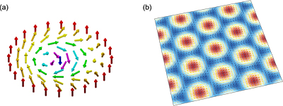 スキルミオンとスキルミオン格子の模式図の画像