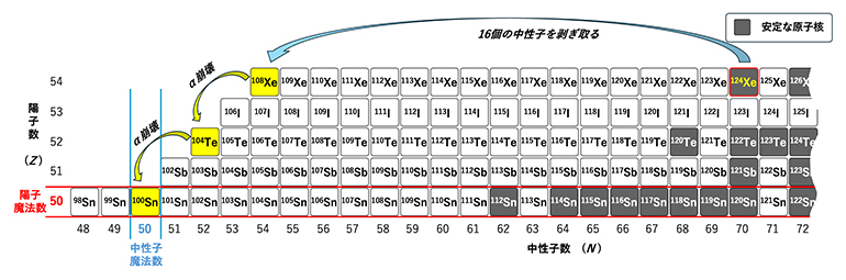 核図表における変換過程と魔法数の図