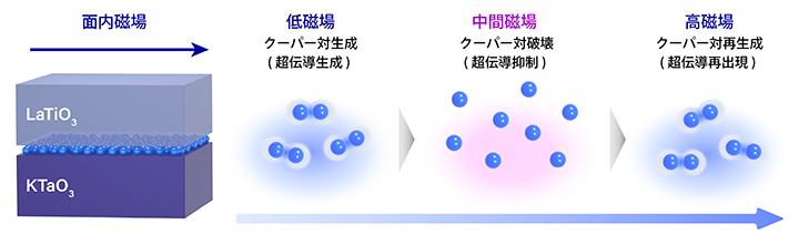 酸化物界面の2次元電子系とリエントラント超伝導現象の概念図の画像